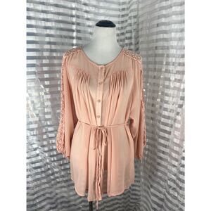 Ciel Blush Pink Lace Trim Sleeves Button Up Blouse